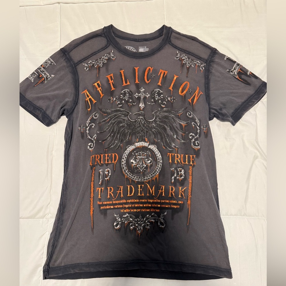 Y2k Affliction Men's Black Short Sleeve Graphic Tee with Orange Accents